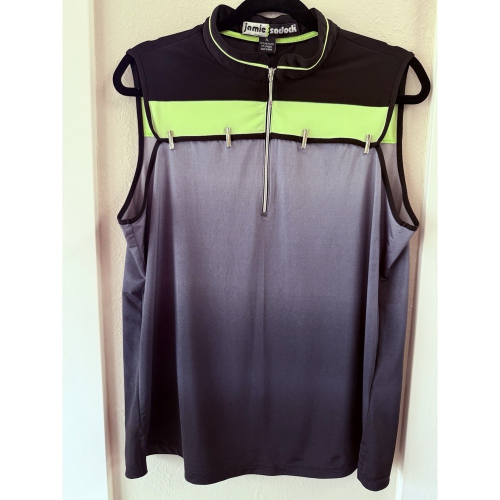Jamie Saddock Womens Green Black Sleeveless Quarter Zip Golf‎ Polo Shirt XL